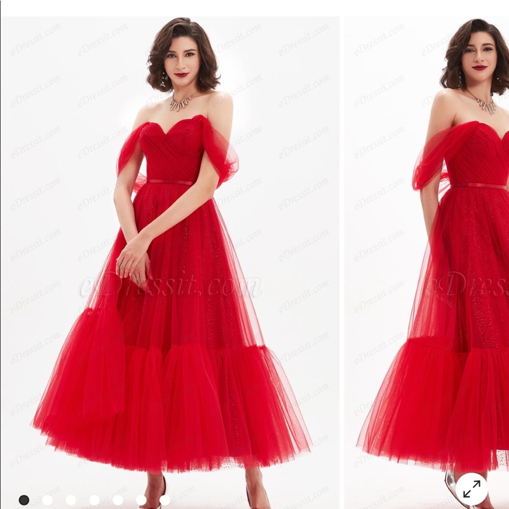 Red V-Cut OFF Shoulder Pleated Bodice Tulle Party Dress